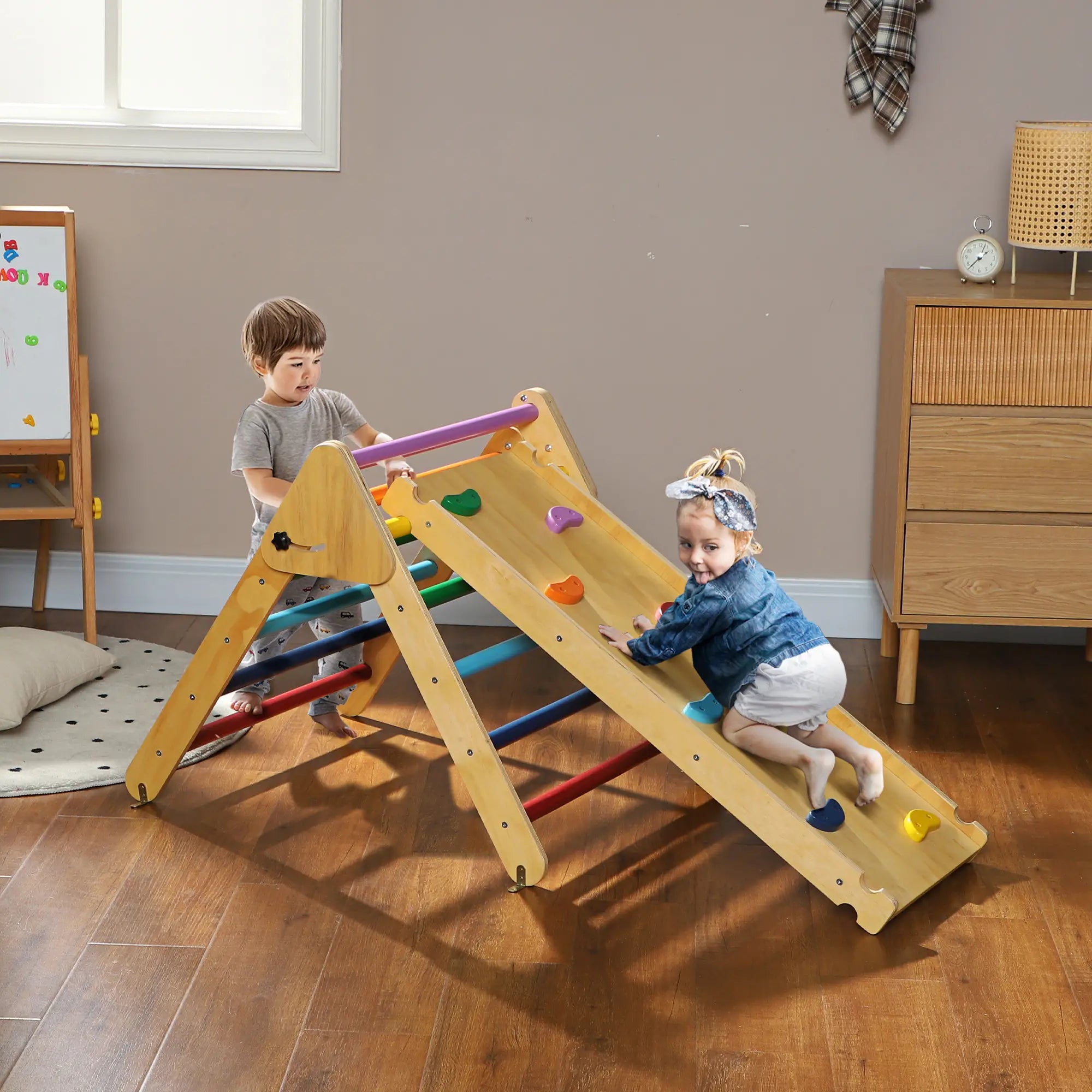 Pikler Triangle Set, 3 in 1 Climbing Toys with Ramp for Toddlers, Nature Wood Baby Gym & Playmats at Gallery Canada