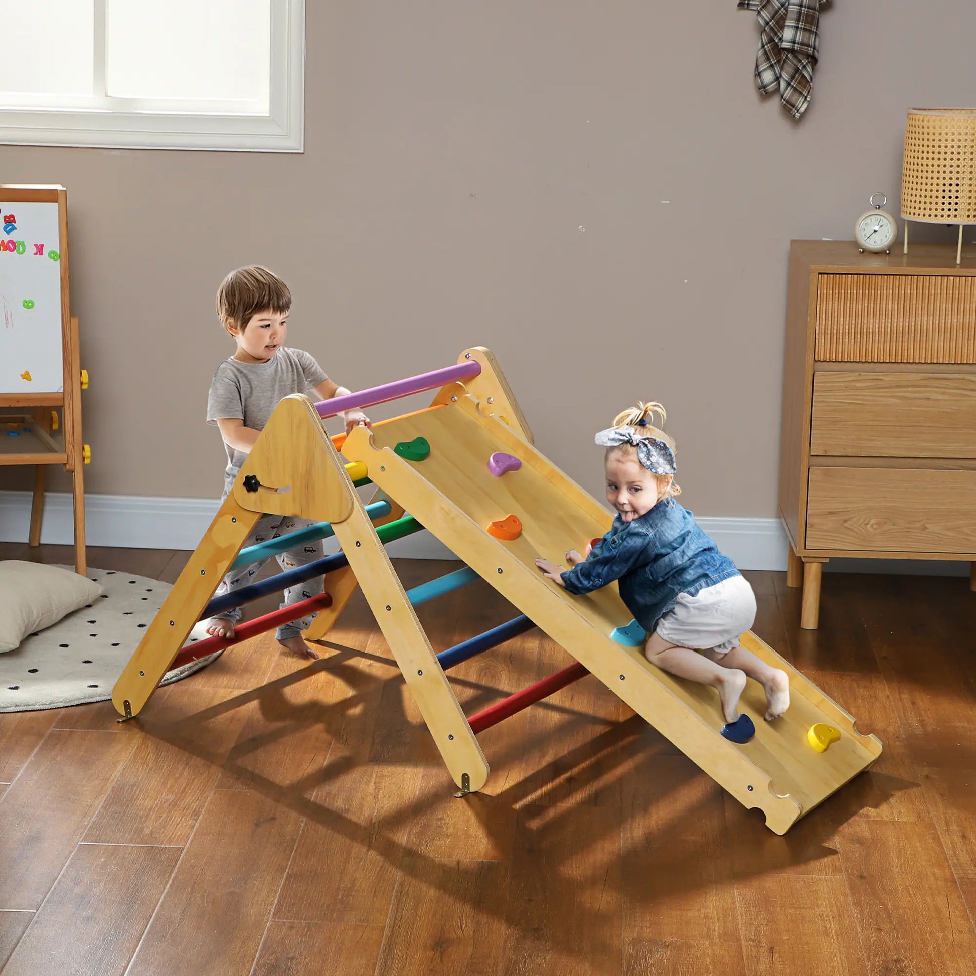 Pikler Triangle Set, 3 in 1 Climbing Toys with Ramp for Toddlers, Nature Wood Baby Gym & Playmats at Gallery Canada