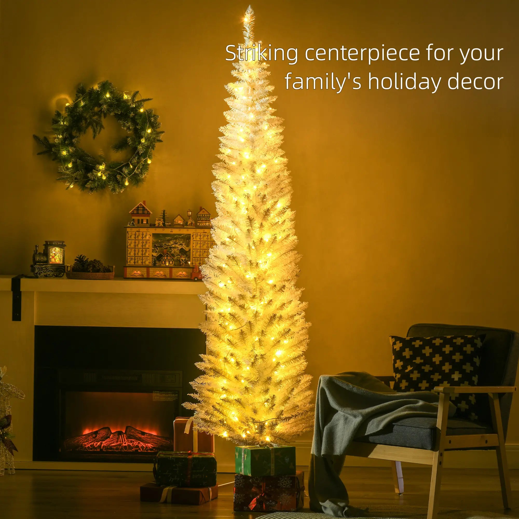7' Pre Lit Artificial Pencil Christmas Tree, Warm White LED Lights, White Pencil Christmas Trees at Gallery Canada