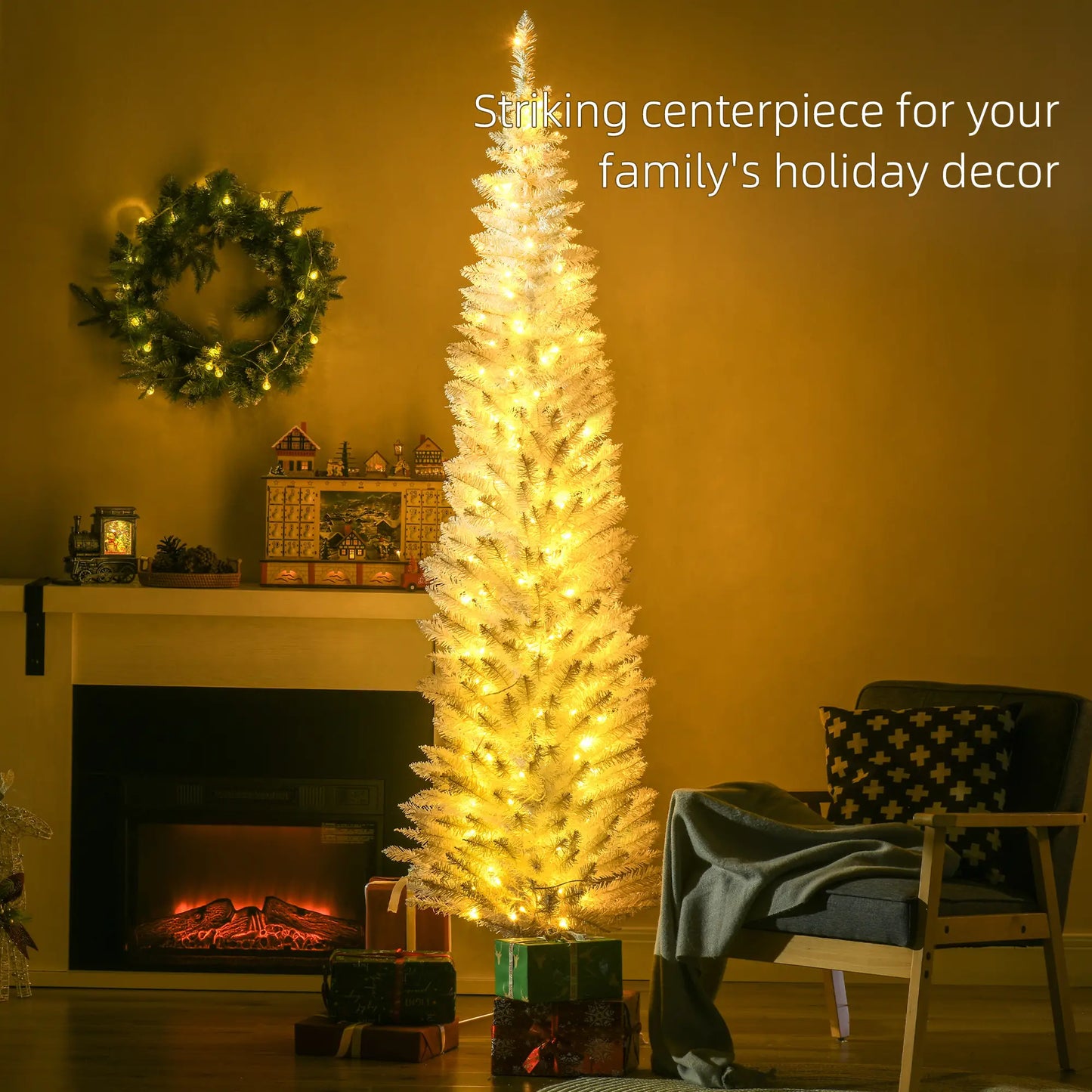 7' Pre Lit Artificial Pencil Christmas Tree, Warm White LED Lights, White Pencil Christmas Trees at Gallery Canada