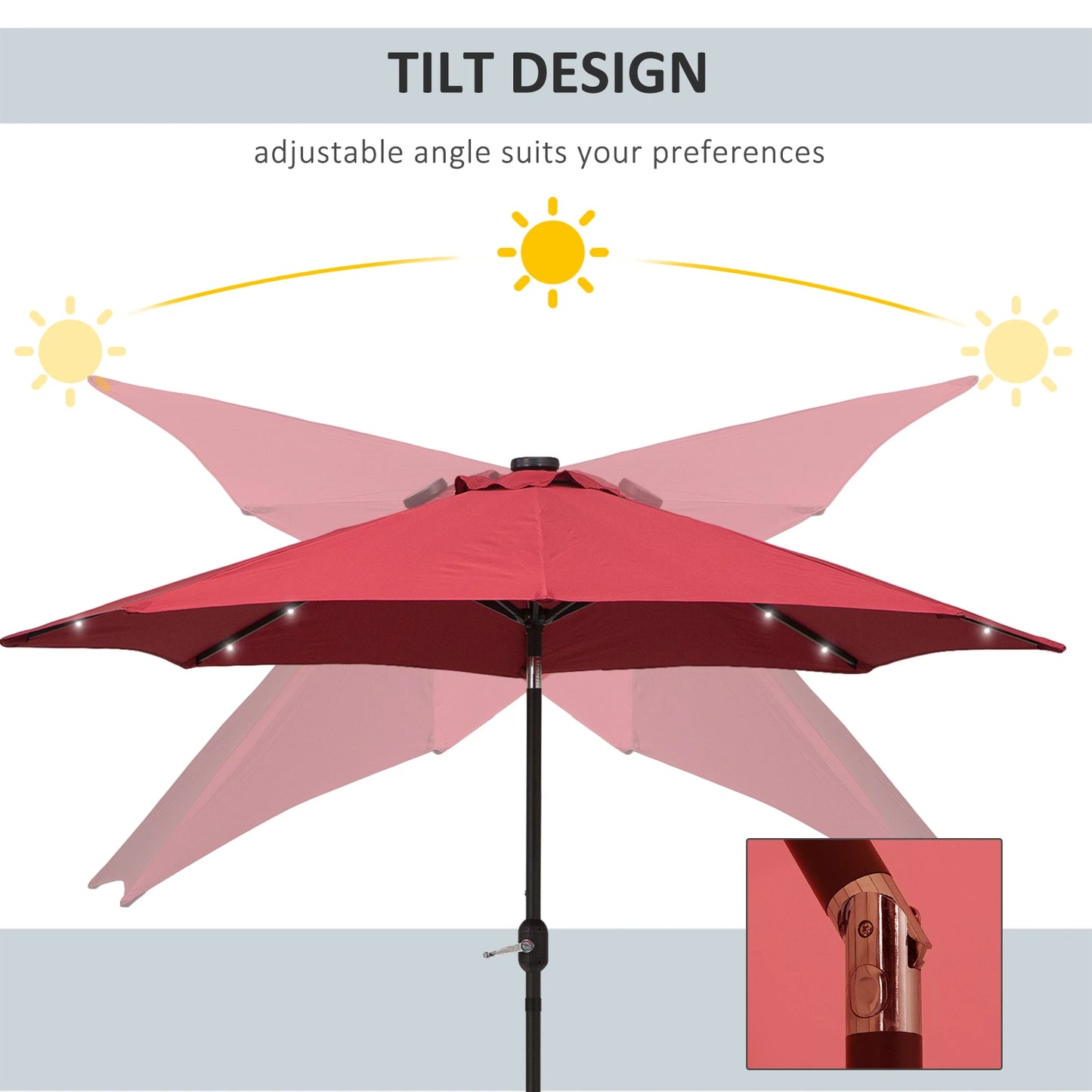 9ft Solar Patio Umbrella, 24 LED Lights, Tilt Canopy, Wine Red Sun Umbrellas at Gallery Canada