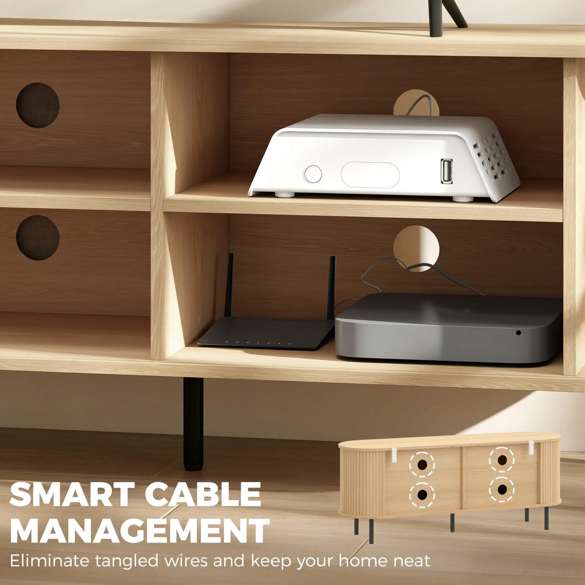 TV Stand for TVs up to 60", Modern Entertainment Center with Curved Sliding Doors, Natural Wood TV Stands at Gallery Canada