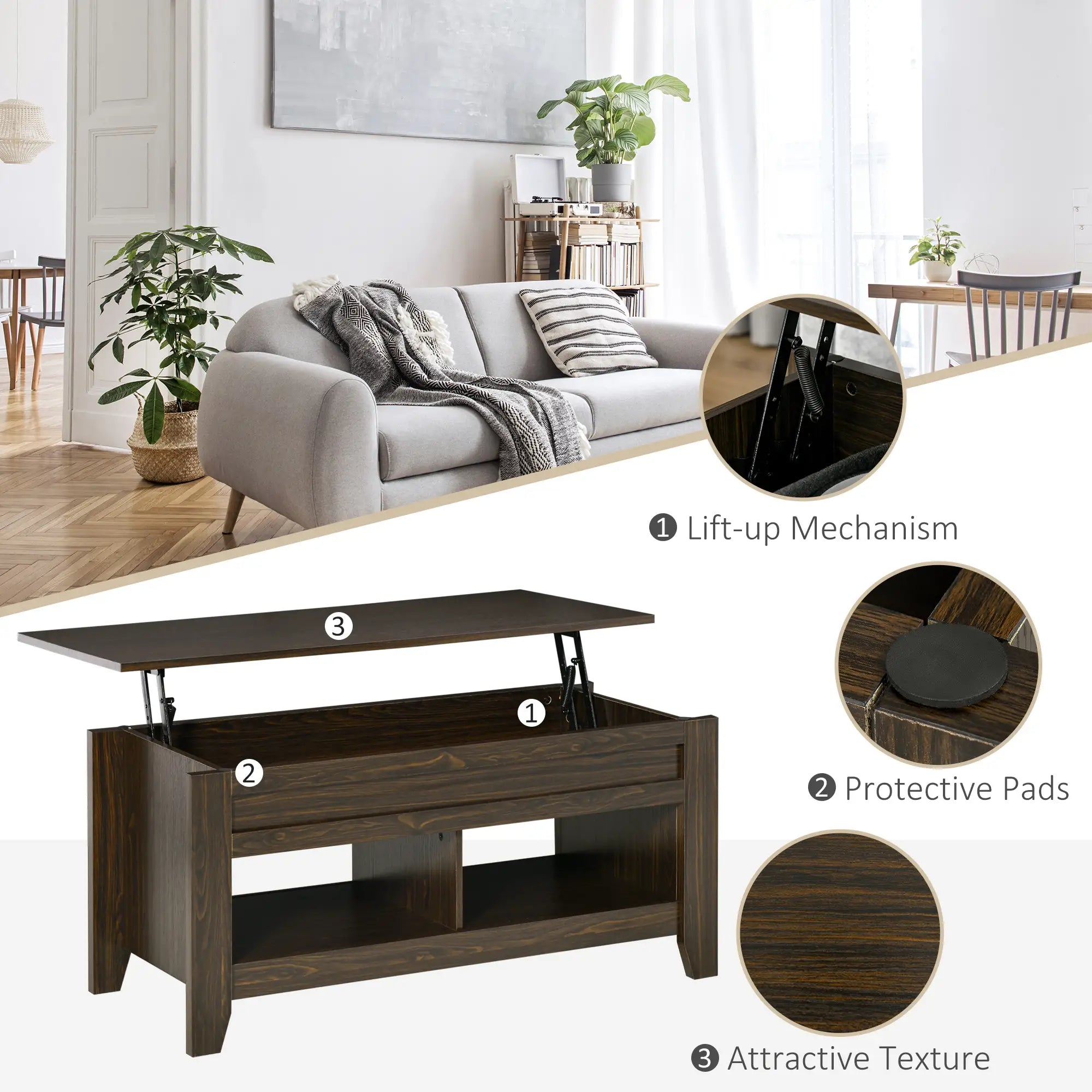 Lift Top Coffee Table, Hidden Storage, Open Shelves, Dark Walnut Coffee Tables at Gallery Canada