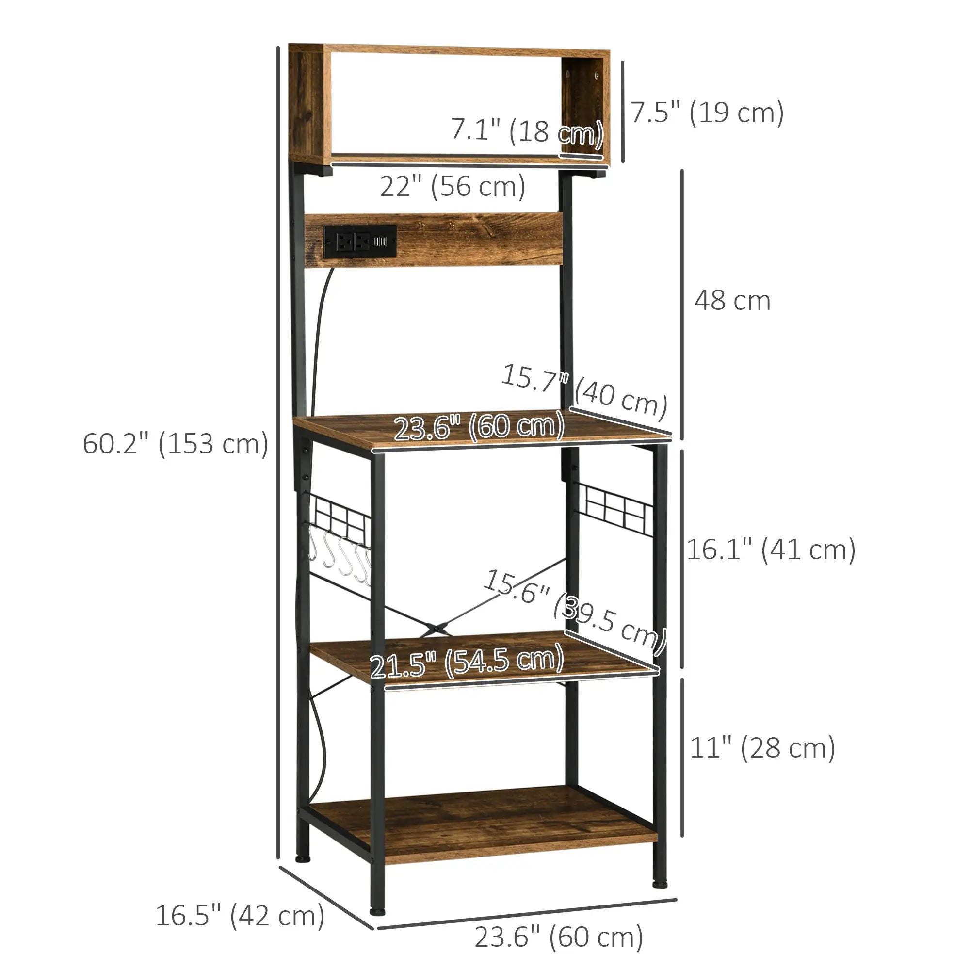 Baker's Rack with Charging Station, Microwave Shelf, Rustic Brown Storage Cabinets at Gallery Canada