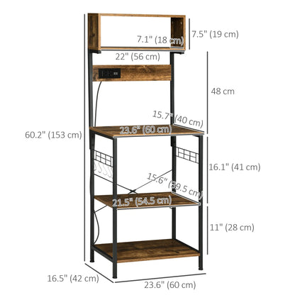 Baker's Rack with Charging Station, Microwave Shelf, Rustic Brown Storage Cabinets at Gallery Canada