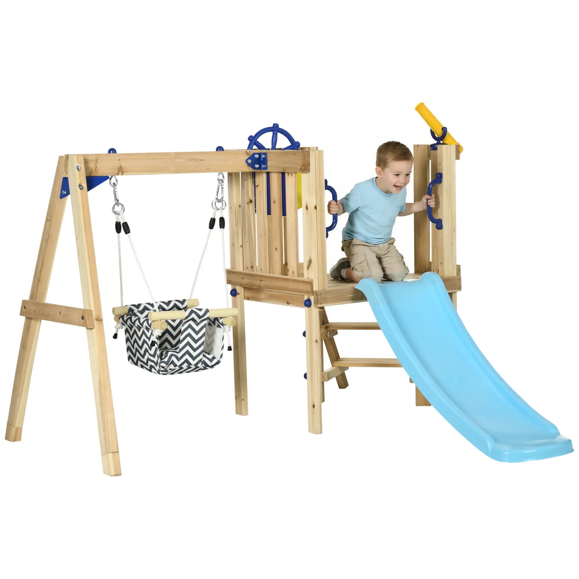 Wooden Kids Swing Set With Slide, Swing Seat, Captain's Wheel, Telescope, Natural Gym Sets & Swings at Gallery Canada