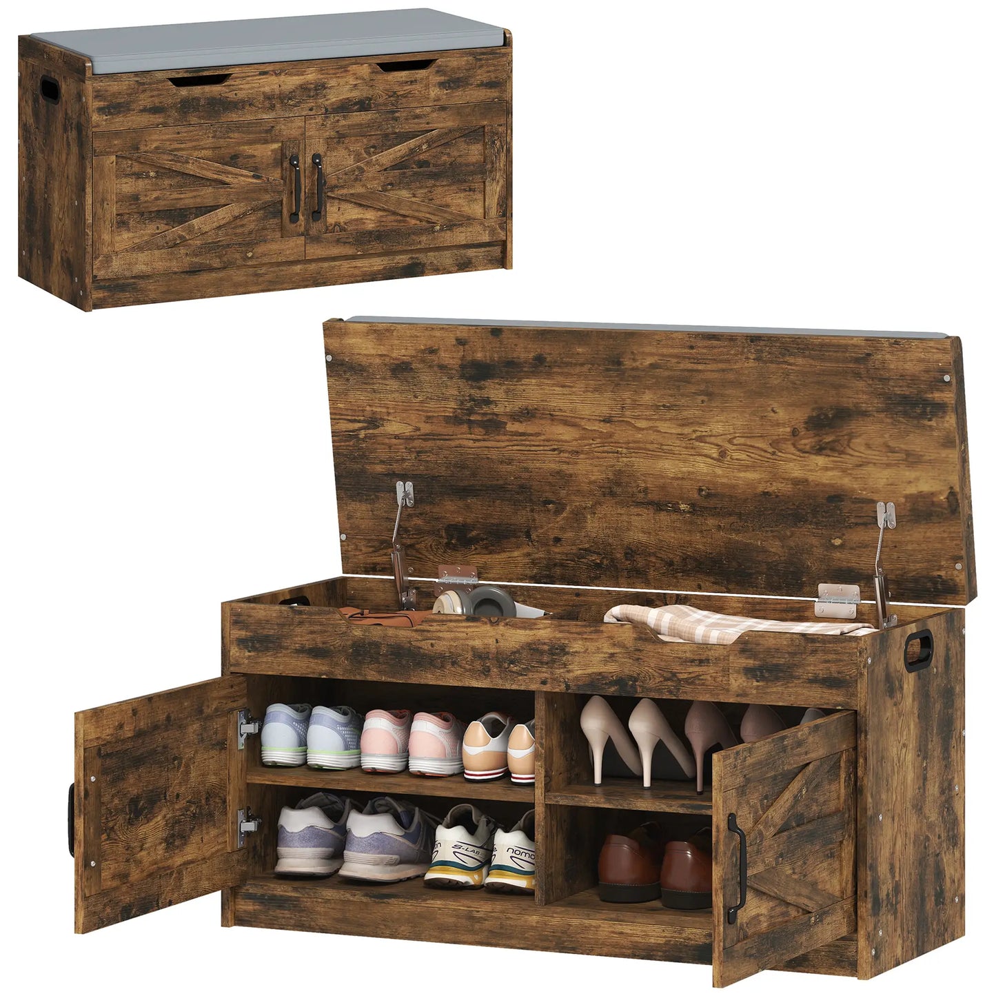 Shoe Storage Bench, 2-Tier Cabinet, Flip-Top, Padded Cushion, Rustic Brown Shoe Storage Cabinets & Racks Rustic Brown, Black at Gallery Canada