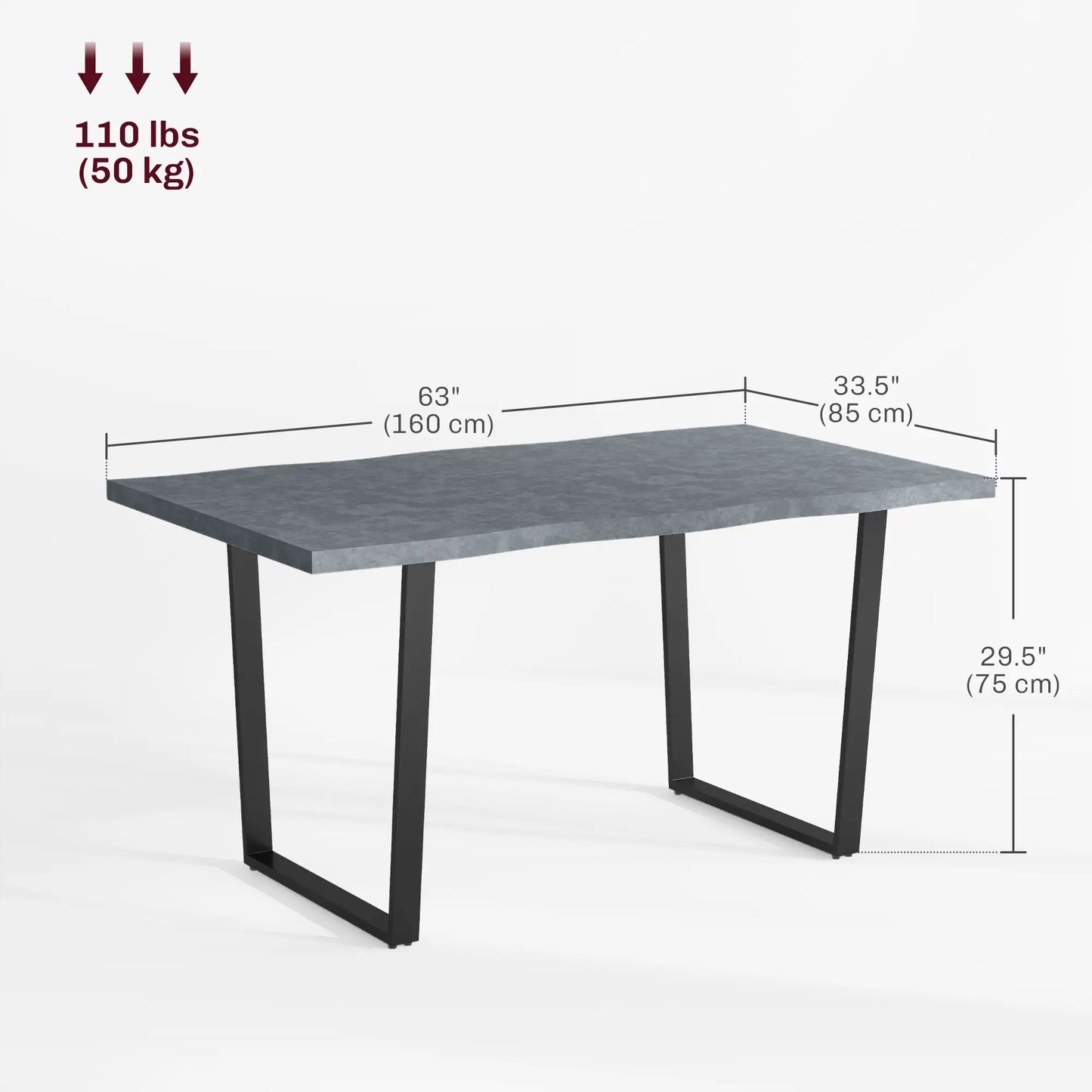 63" Industrial Kitchen Table, Wave-Edged Tabletop, Steel Legs, Cement Grey Dining Tables at Gallery Canada