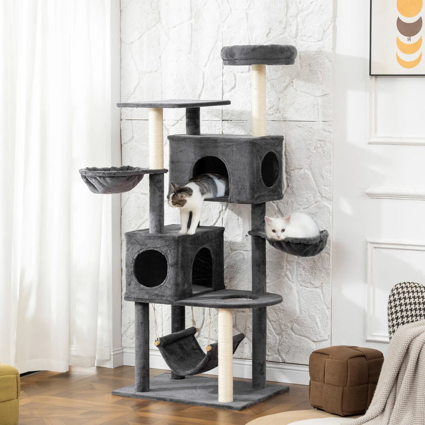 66 Inch Large Cat Tree, 2 Door Condos, 3 Hammocks, Plush Perch, Sisal Posts, Dark Grey Cat Trees at Gallery Canada