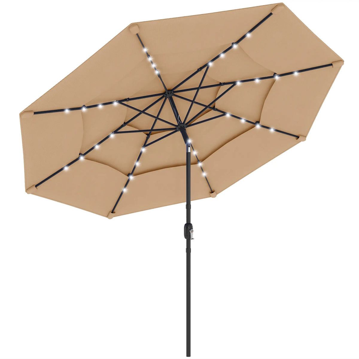 9.3 ft Patio Umbrella With Solar LED Lights, Cover, Tilt, Crank, Khaki Sun Umbrellas Khaki at Gallery Canada