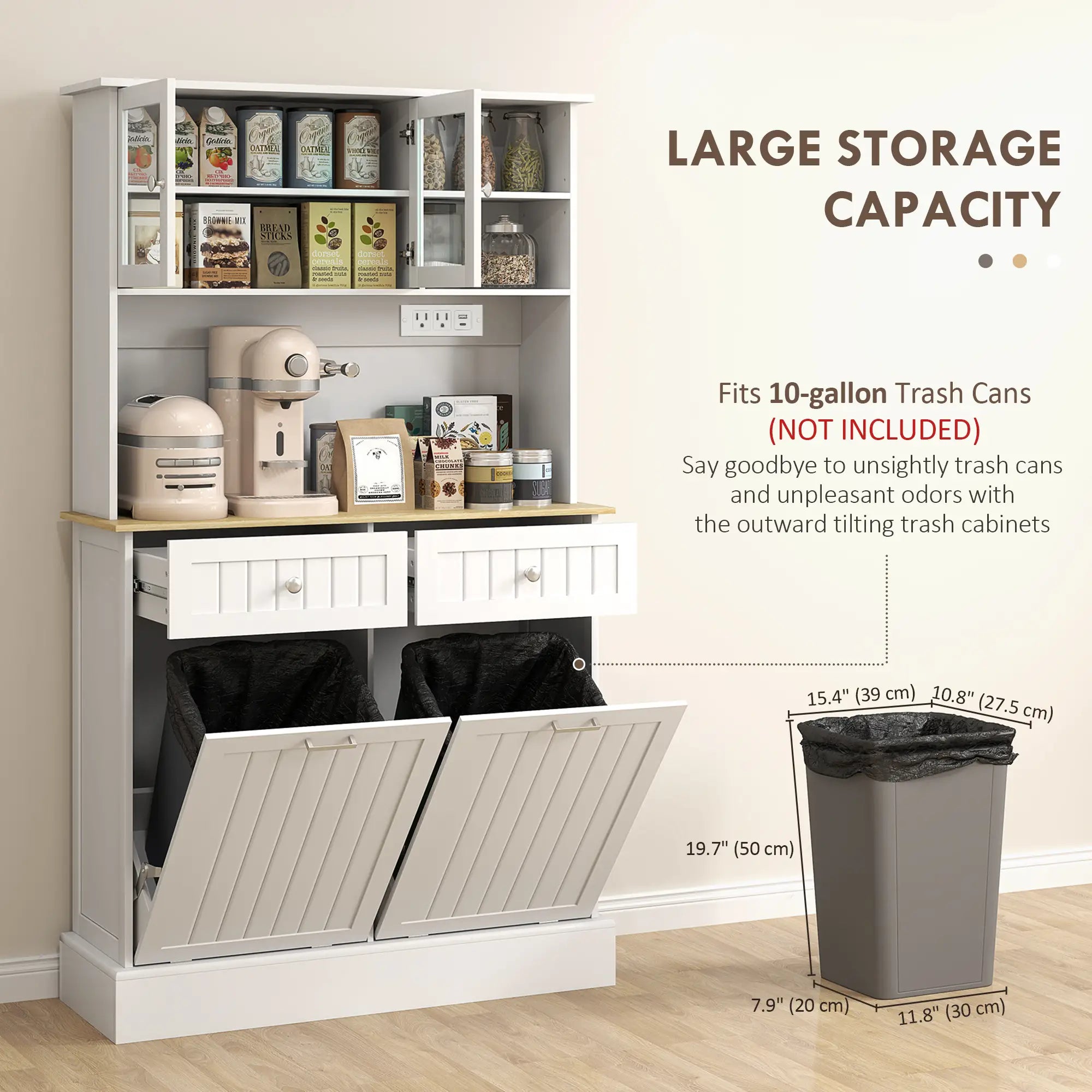 Kitchen Cabinet With Charging Station, 2 Tilt Out Cabinets, Microwave Stand, White Kitchen Pantry Cabinets at Gallery Canada