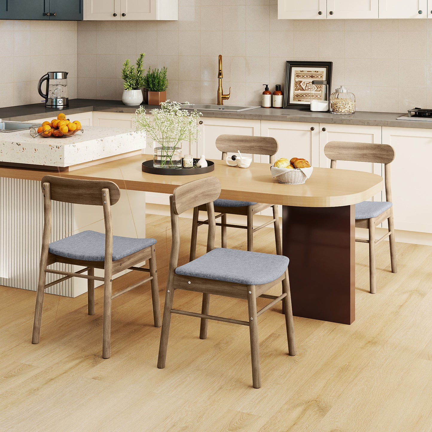 Fabric Upholstered Kitchen Armless Dining Chairs with Rubber Wood Frame Set of 4, Oak Dining Chairs at Gallery Canada