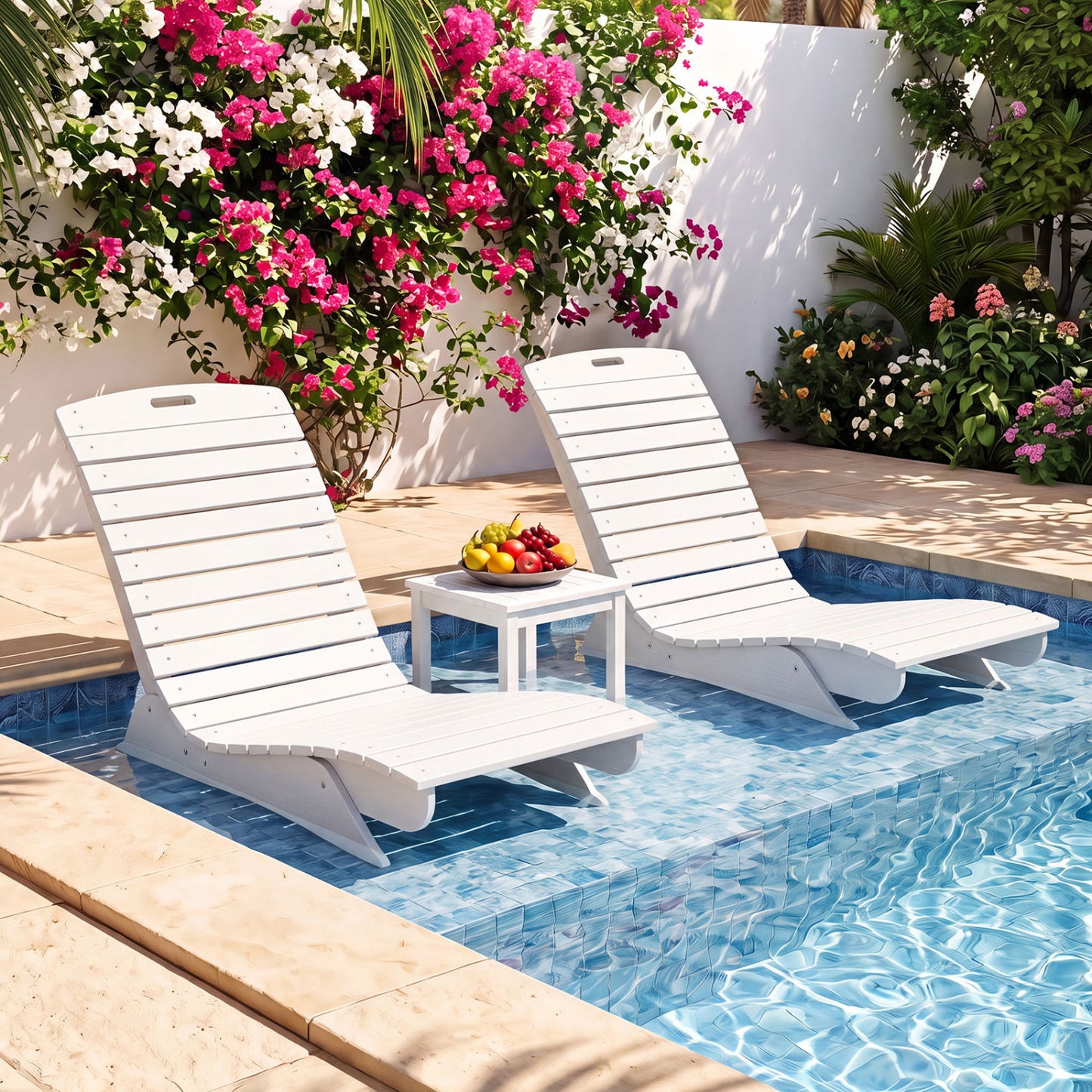 Outdoor Lounger, Fade-Resistant Contoured Deck Poolside, White