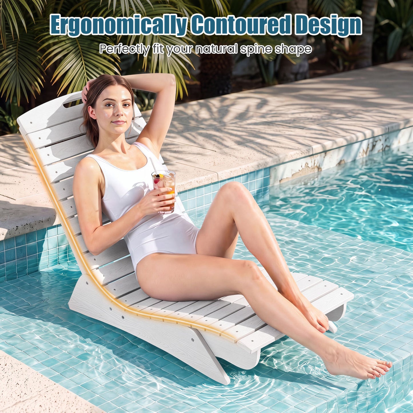 Outdoor Lounger, Fade-Resistant Contoured Deck Poolside, White