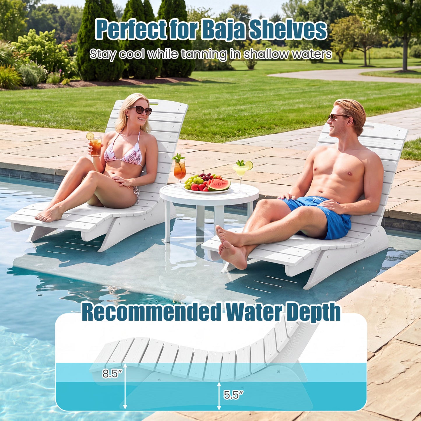 Outdoor Lounger, Fade-Resistant Contoured Deck Poolside, White