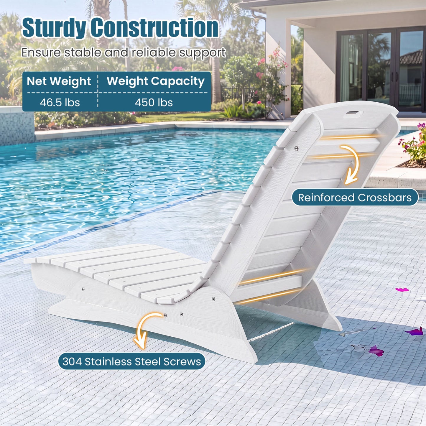 Outdoor Lounger, Fade-Resistant Contoured Deck Poolside, White
