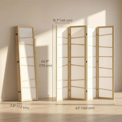 66.9" Folding Room Divider, 4 Panel Wood Frame, Natural Wood Room Dividers at Gallery Canada