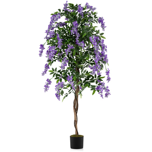 Artificial Wisteria Tree, 6 FT, Natural Trunks, Lifelike Flowers, Purple