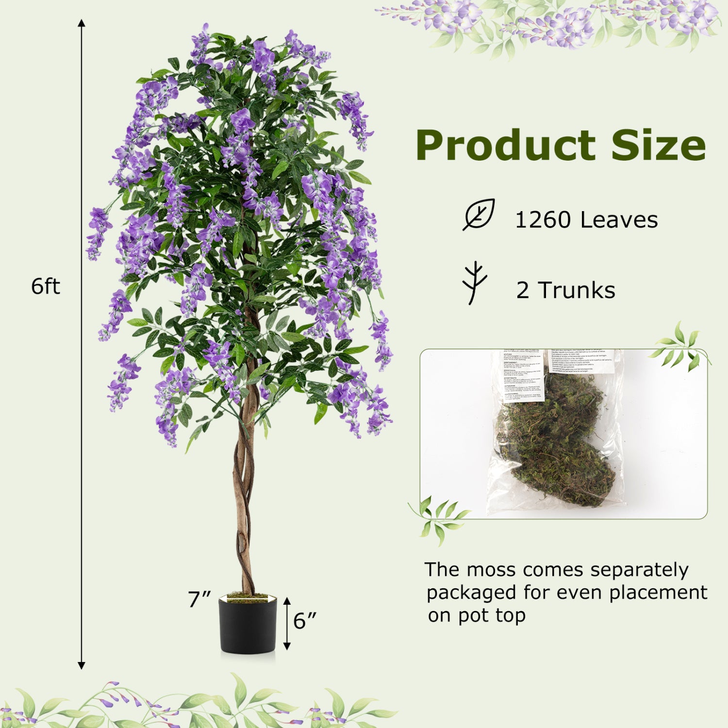 Artificial Wisteria Tree, 6 FT, Natural Trunks, Lifelike Flowers, Purple Faux Plants at Gallery Canada