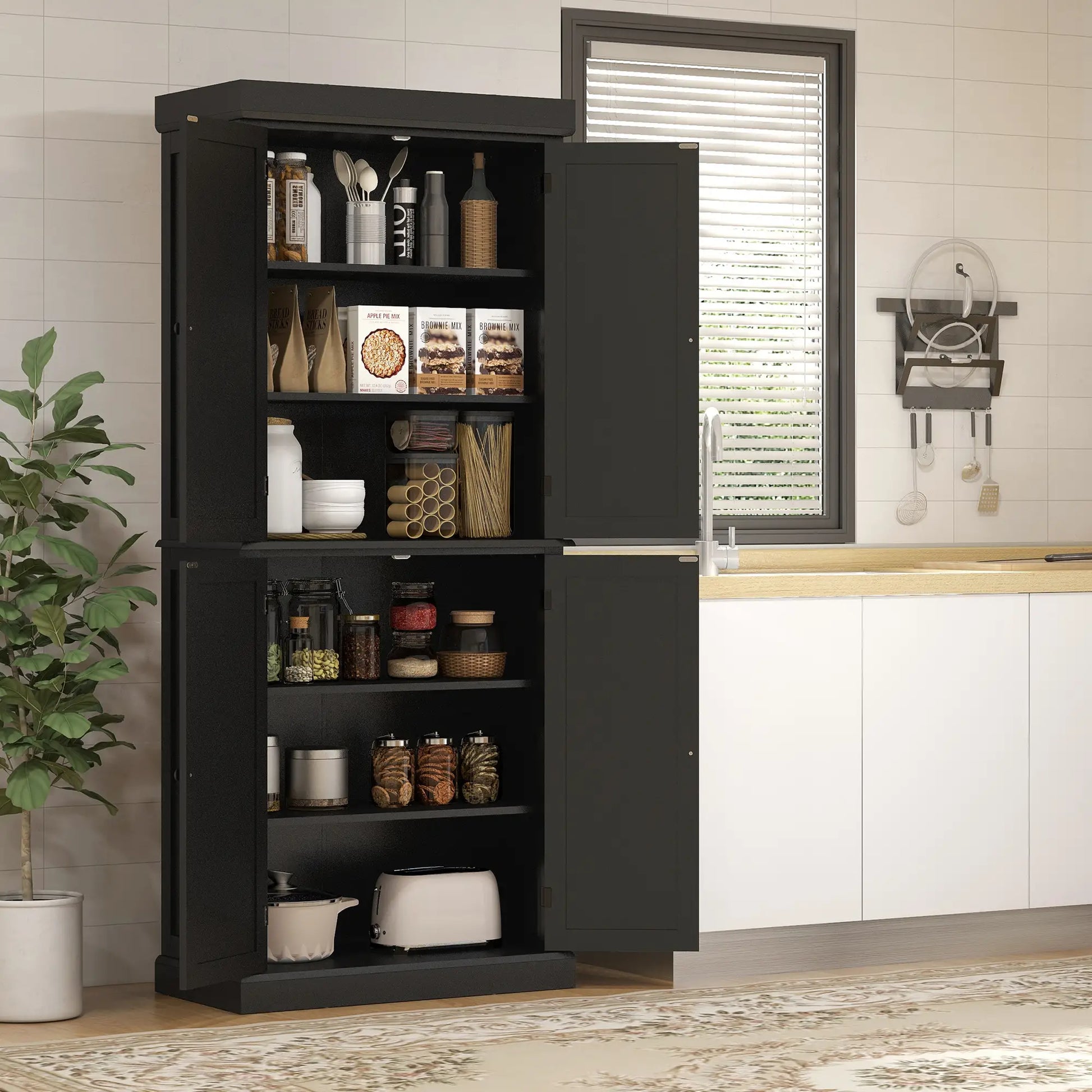 72.5" Freestanding Kitchen Pantry Cabinet with 4 Doors, Black Kitchen Pantry Cabinets at Gallery Canada