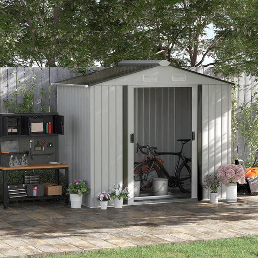 7' x 4.3' x 6.1' Garden Shed Outdoor Metal Tool Storage House w/ Floor Foundation Double Doors Silver - Gallery Canada