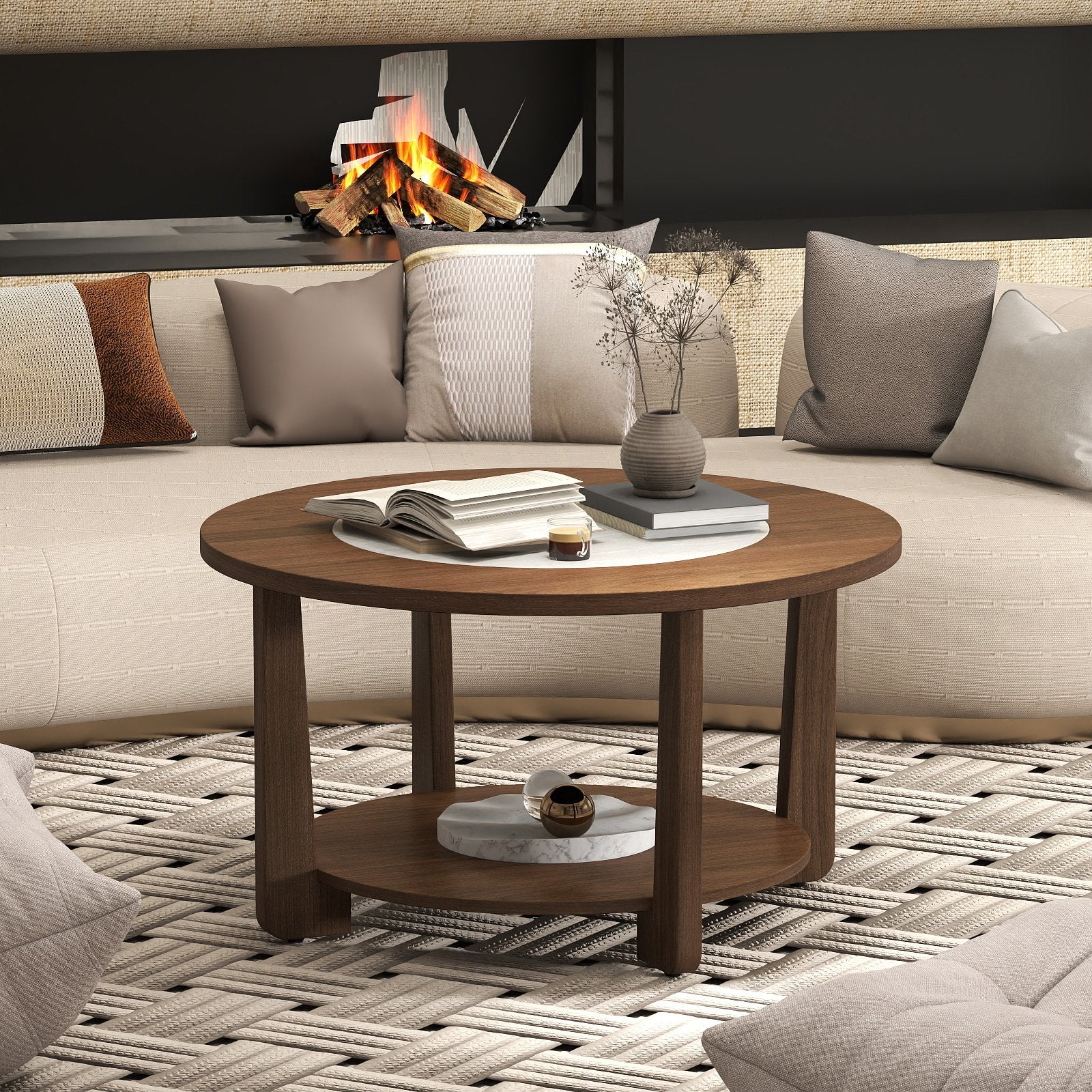 Farmhouse Accent Round Coffee Table with 2-Tone Tabletop and Open Storage Shelf for Living Room, Brown Coffee Tables at Gallery Canada