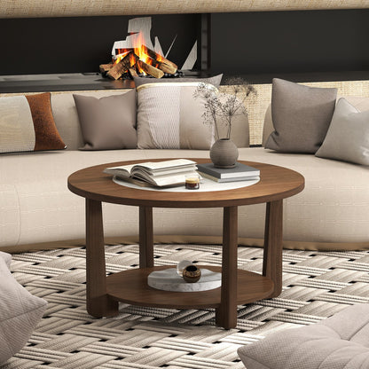 Farmhouse Accent Round Coffee Table with 2-Tone Tabletop and Open Storage Shelf for Living Room, Brown Coffee Tables at Gallery Canada