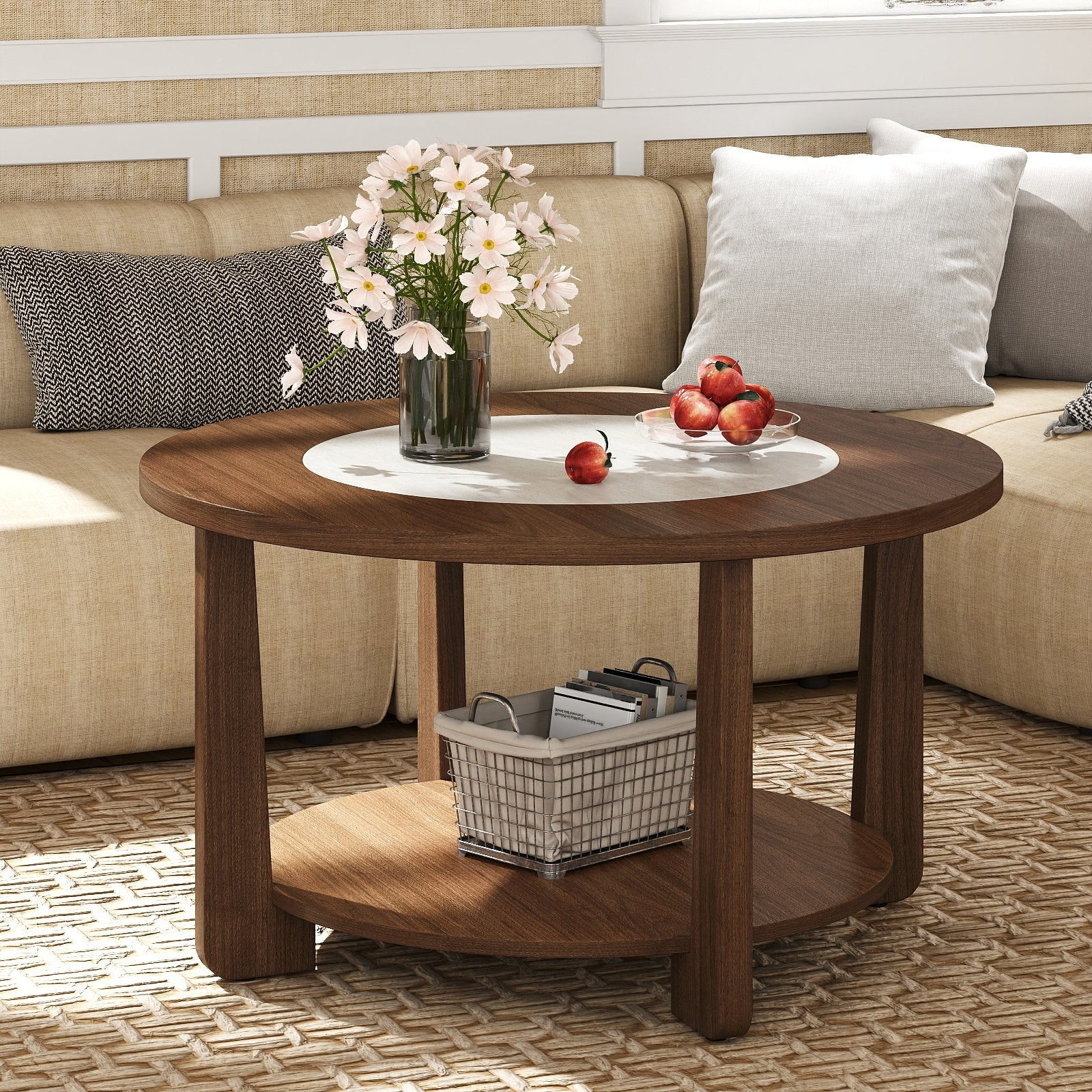 Farmhouse Accent Round Coffee Table with 2-Tone Tabletop and Open Storage Shelf for Living Room, Brown Coffee Tables at Gallery Canada