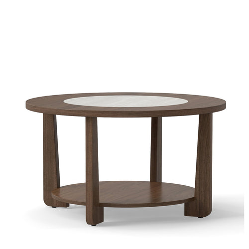 Farmhouse Round Coffee Table, With 2-Tone Tabletop And Open Storage Shelf, Brown