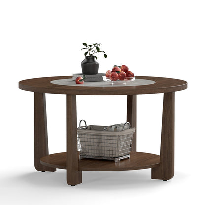 Farmhouse Accent Round Coffee Table with 2-Tone Tabletop and Open Storage Shelf for Living Room, Brown Coffee Tables at Gallery Canada