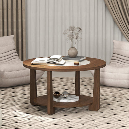 Farmhouse Accent Round Coffee Table with 2-Tone Tabletop and Open Storage Shelf for Living Room, Brown Coffee Tables at Gallery Canada