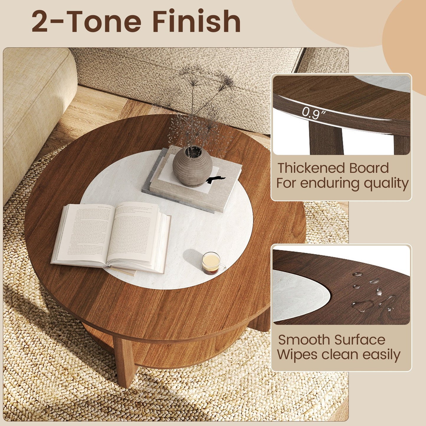 Farmhouse Accent Round Coffee Table with 2-Tone Tabletop and Open Storage Shelf for Living Room, Brown Coffee Tables at Gallery Canada