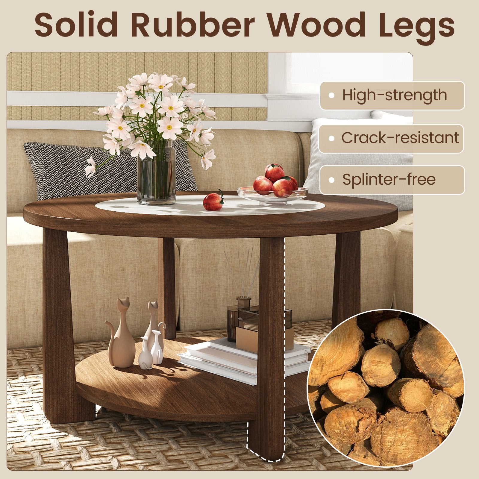 Farmhouse Accent Round Coffee Table with 2-Tone Tabletop and Open Storage Shelf for Living Room, Brown Coffee Tables at Gallery Canada