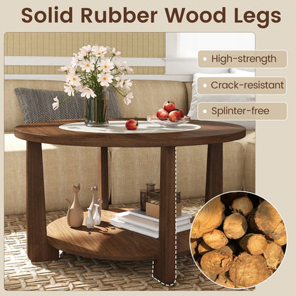 Farmhouse Accent Round Coffee Table with 2-Tone Tabletop and Open Storage Shelf for Living Room, Brown Coffee Tables at Gallery Canada