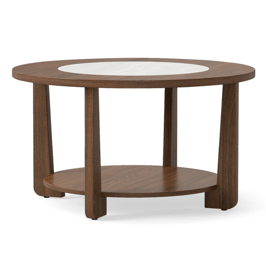 Farmhouse Round Coffee Table, With 2-Tone Tabletop And Open Storage Shelf, Brown Coffee Tables Brown at Gallery Canada