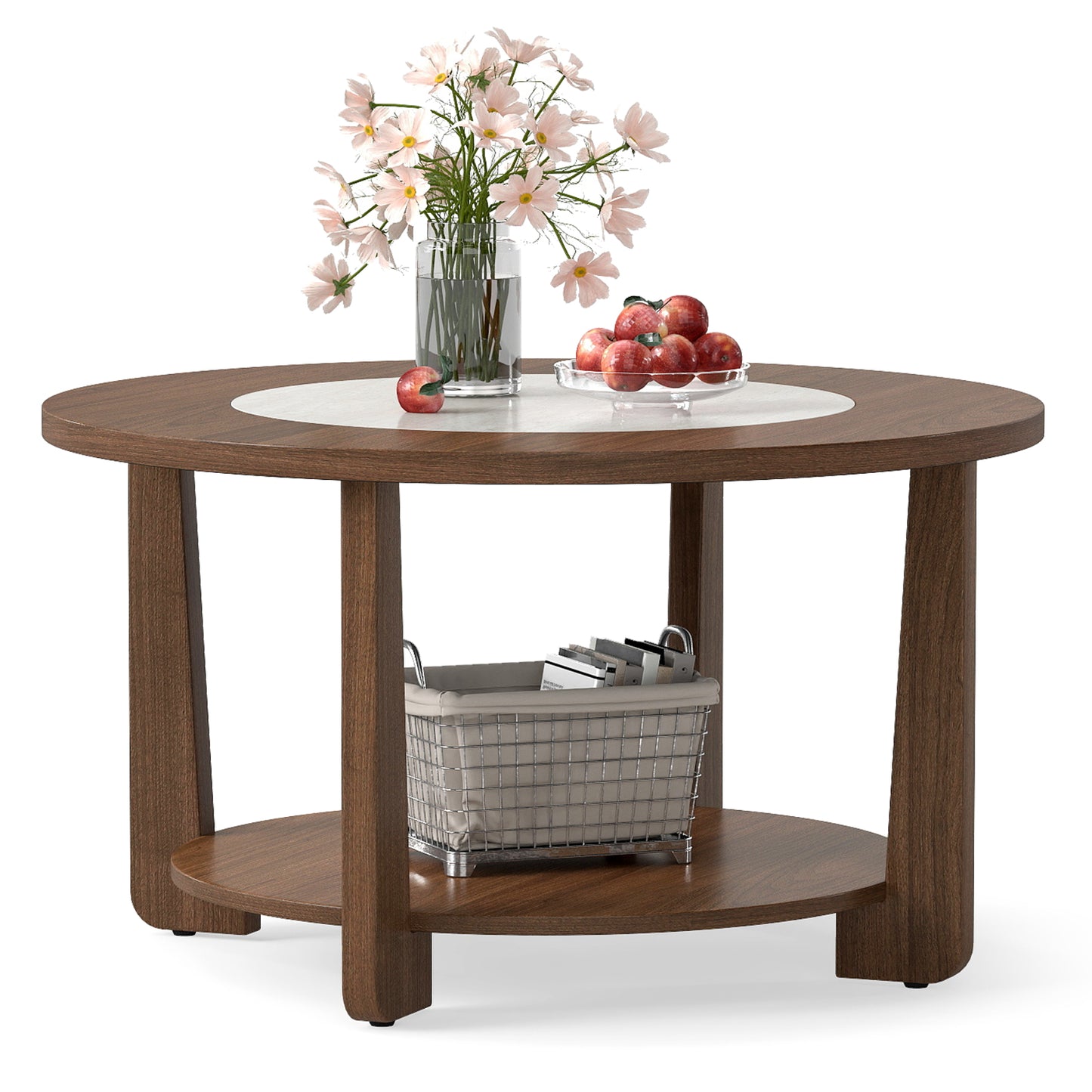 Farmhouse Round Coffee Table, With 2-Tone Tabletop And Open Storage Shelf, Brown Coffee Tables at Gallery Canada
