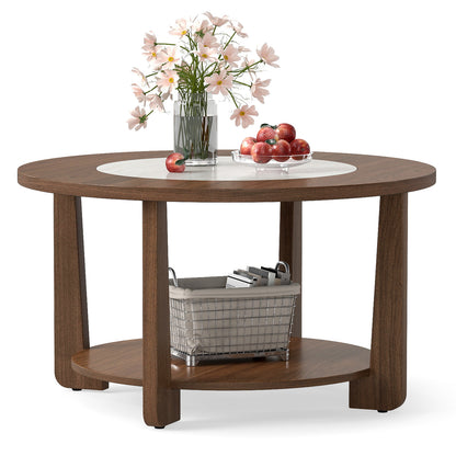 Farmhouse Round Coffee Table, With 2-Tone Tabletop And Open Storage Shelf, Brown Coffee Tables at Gallery Canada