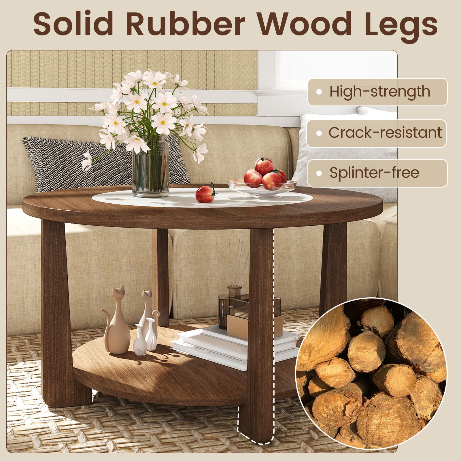 Farmhouse Round Coffee Table, With 2-Tone Tabletop And Open Storage Shelf, Brown Coffee Tables at Gallery Canada