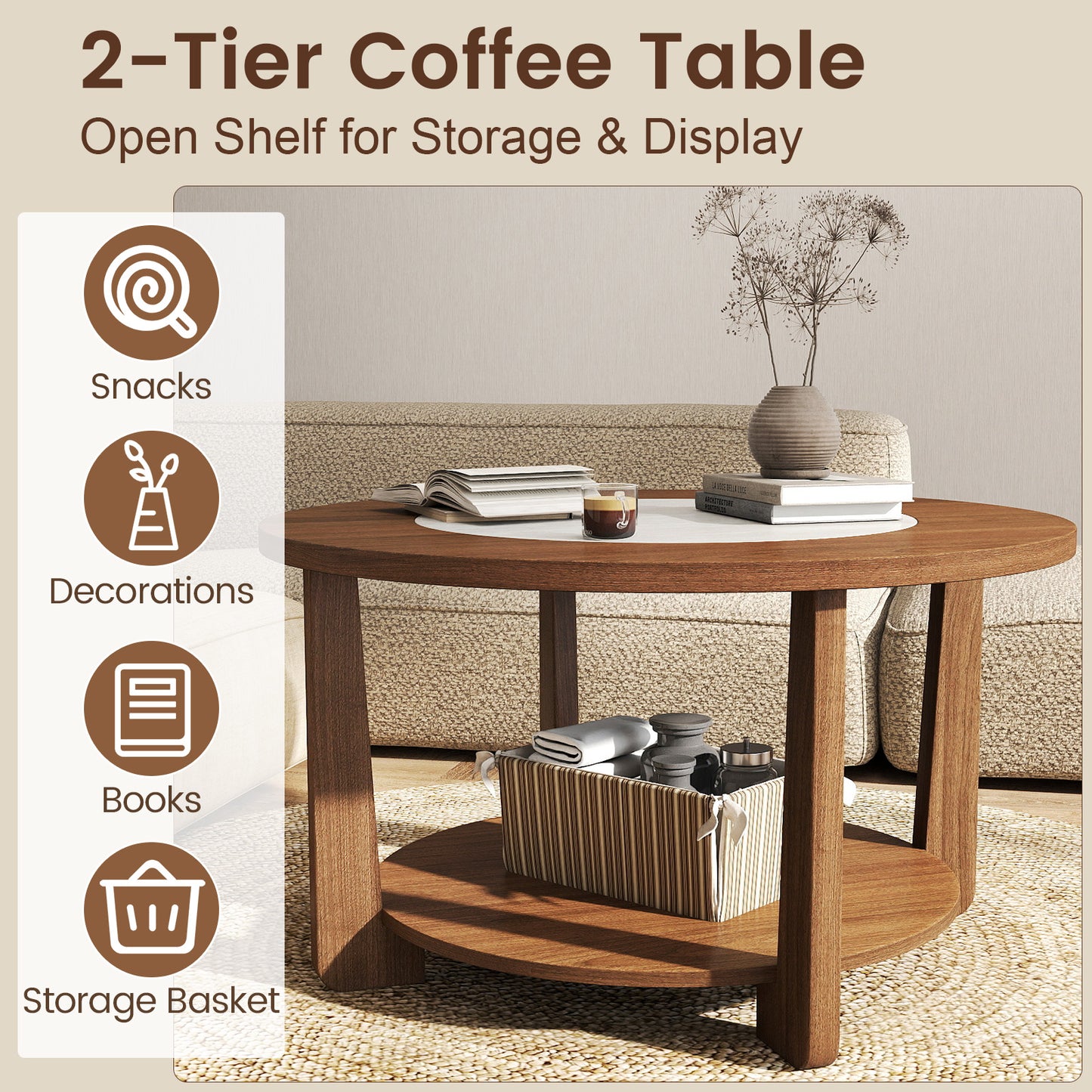 Farmhouse Round Coffee Table, With 2-Tone Tabletop And Open Storage Shelf, Brown Coffee Tables at Gallery Canada