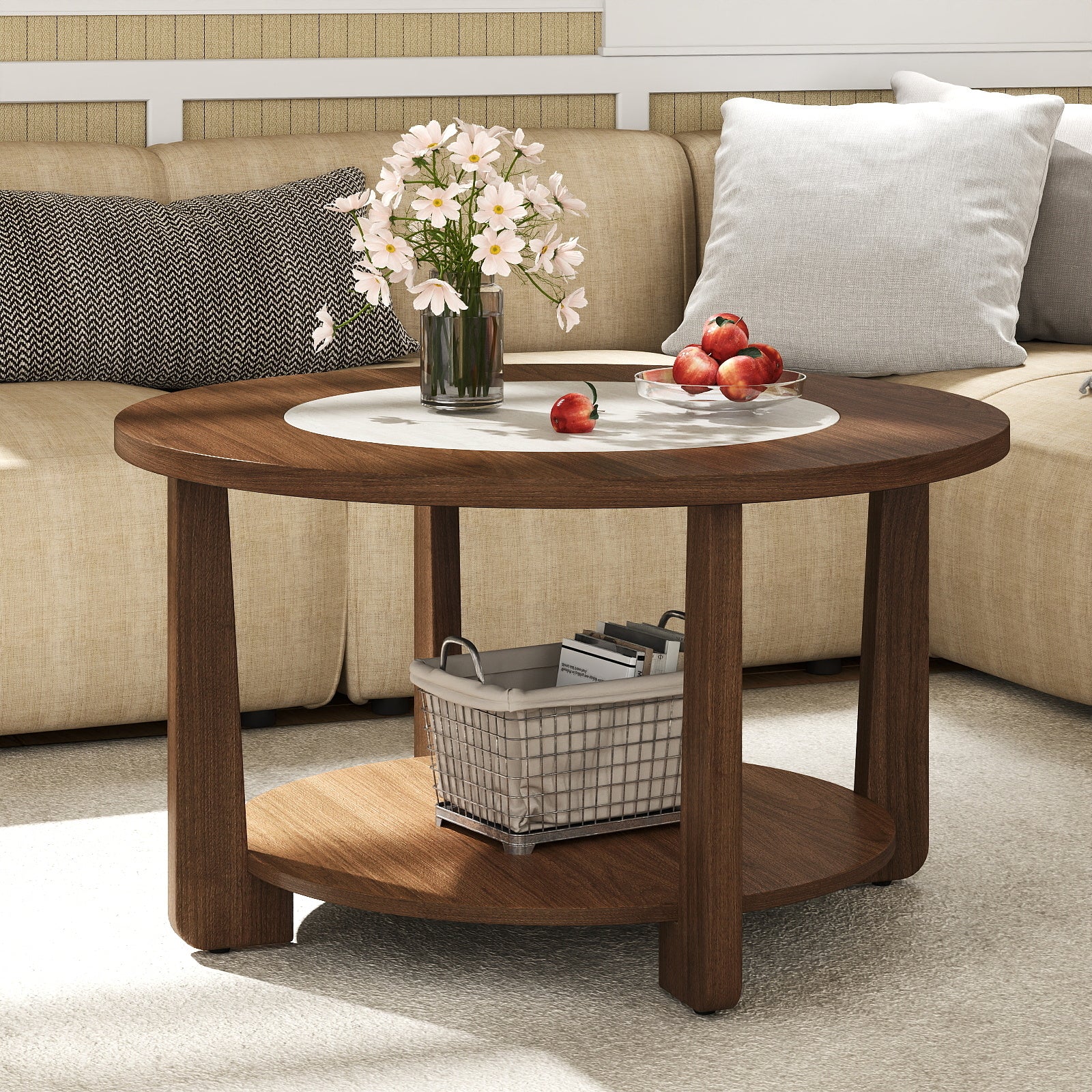 Farmhouse Round Coffee Table, With 2-Tone Tabletop And Open Storage Shelf, Brown Coffee Tables at Gallery Canada