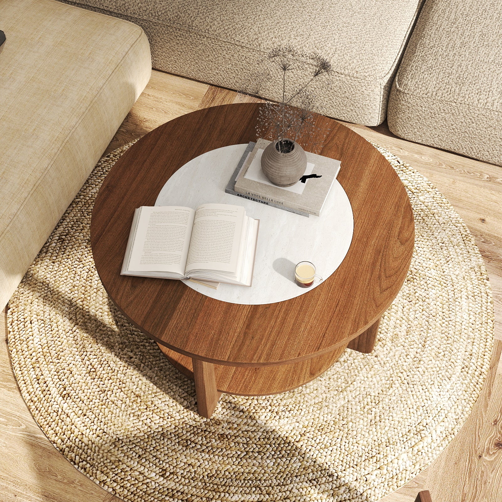 Farmhouse Round Coffee Table, With 2-Tone Tabletop And Open Storage Shelf, Brown Coffee Tables at Gallery Canada