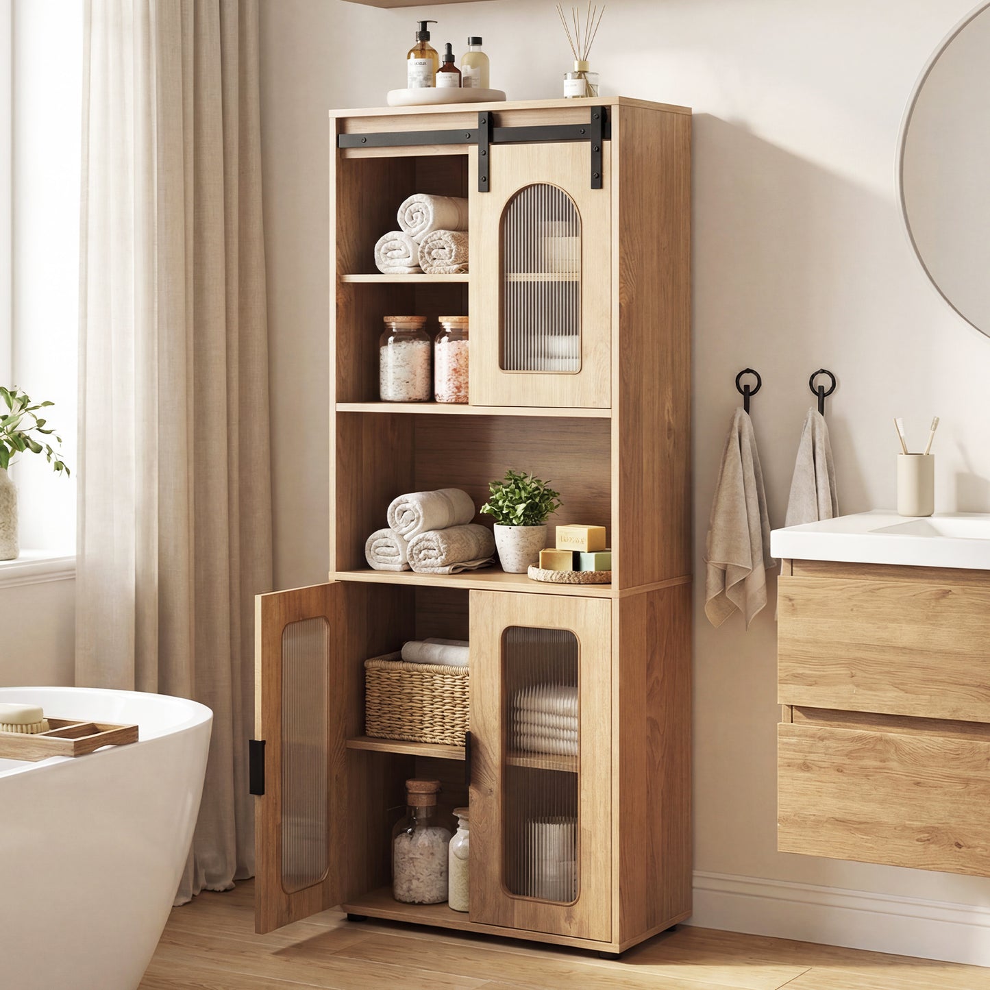 Farmhouse Bathroom Floor Cabinet, Sliding Barn Door, Natural Floor Cabinets at Gallery Canada