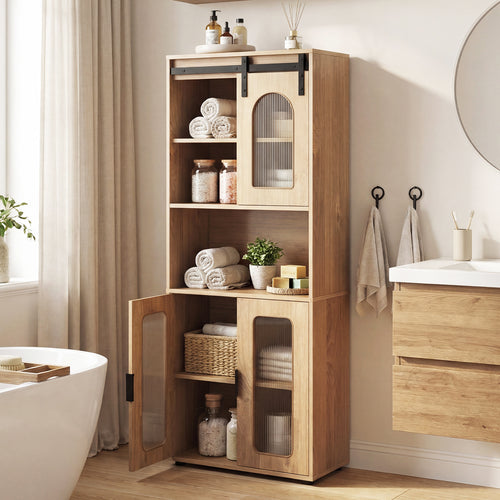 Farmhouse Bathroom Floor Cabinet, Sliding Barn Door, Natural