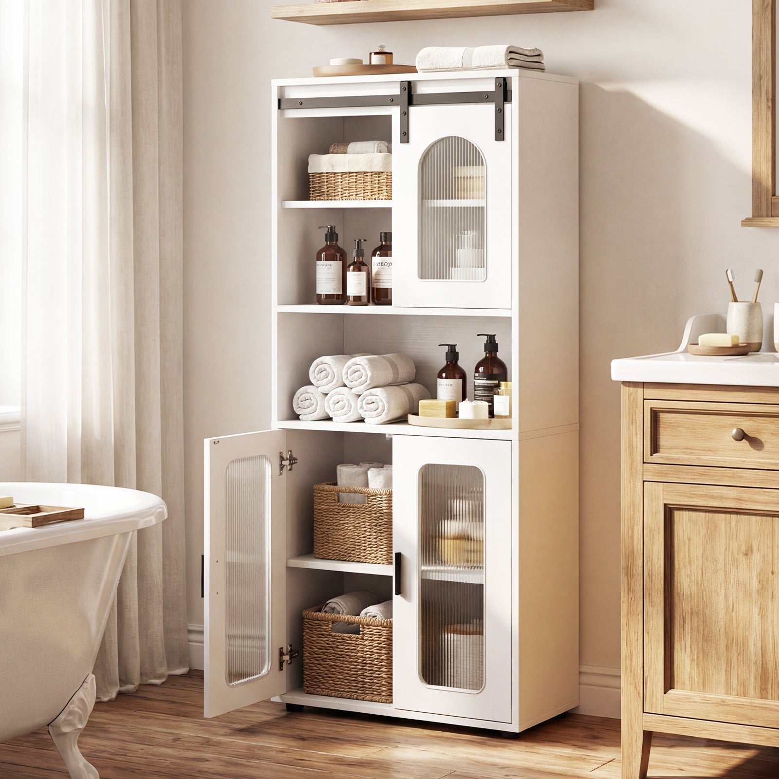 Farmhouse Bathroom Floor Cabinet, Sliding Barn Door, White Floor Cabinets at Gallery Canada