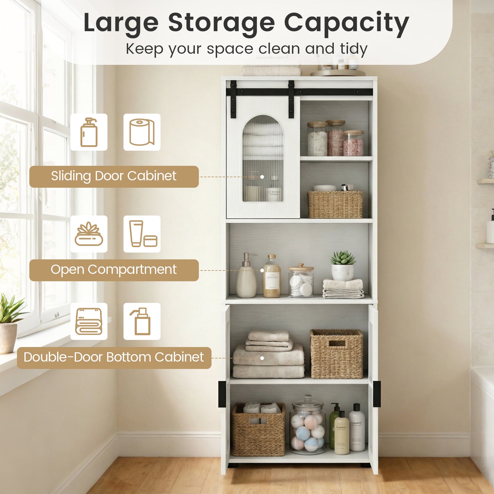 Farmhouse Bathroom Floor Cabinet, Sliding Barn Door, White Floor Cabinets at Gallery Canada