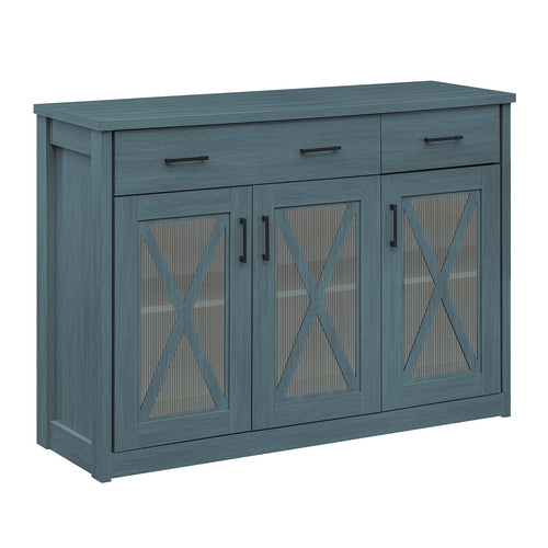 Farmhouse Buffet Sideboard, 3-Door Kitchen Storage Cabinet, 2 Drawers, Turquoise