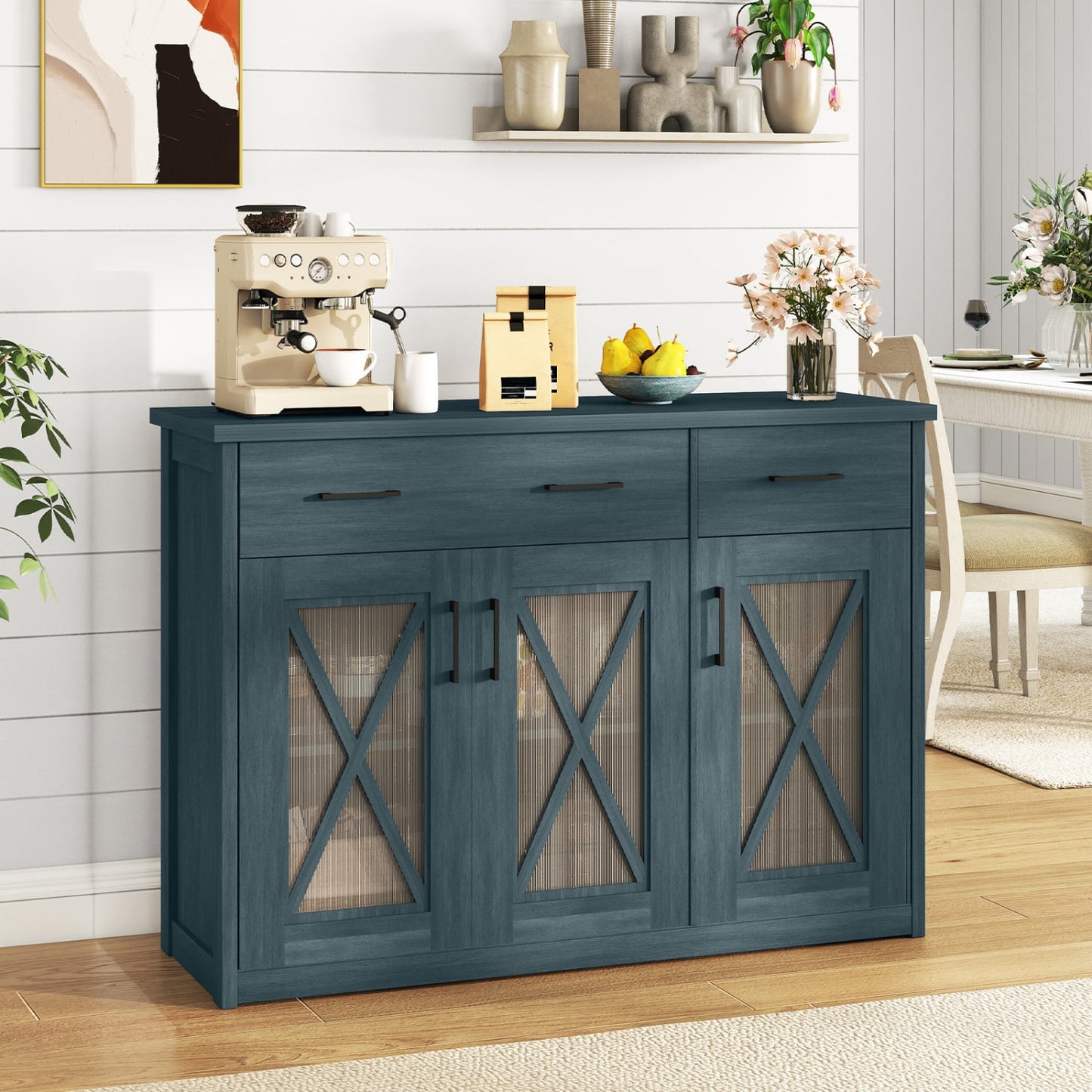 Farmhouse Buffet Sideboard, 3-Door Kitchen Storage Cabinet, 2 Drawers, Turquoise Sideboards Cabinets & Buffets at Gallery Canada