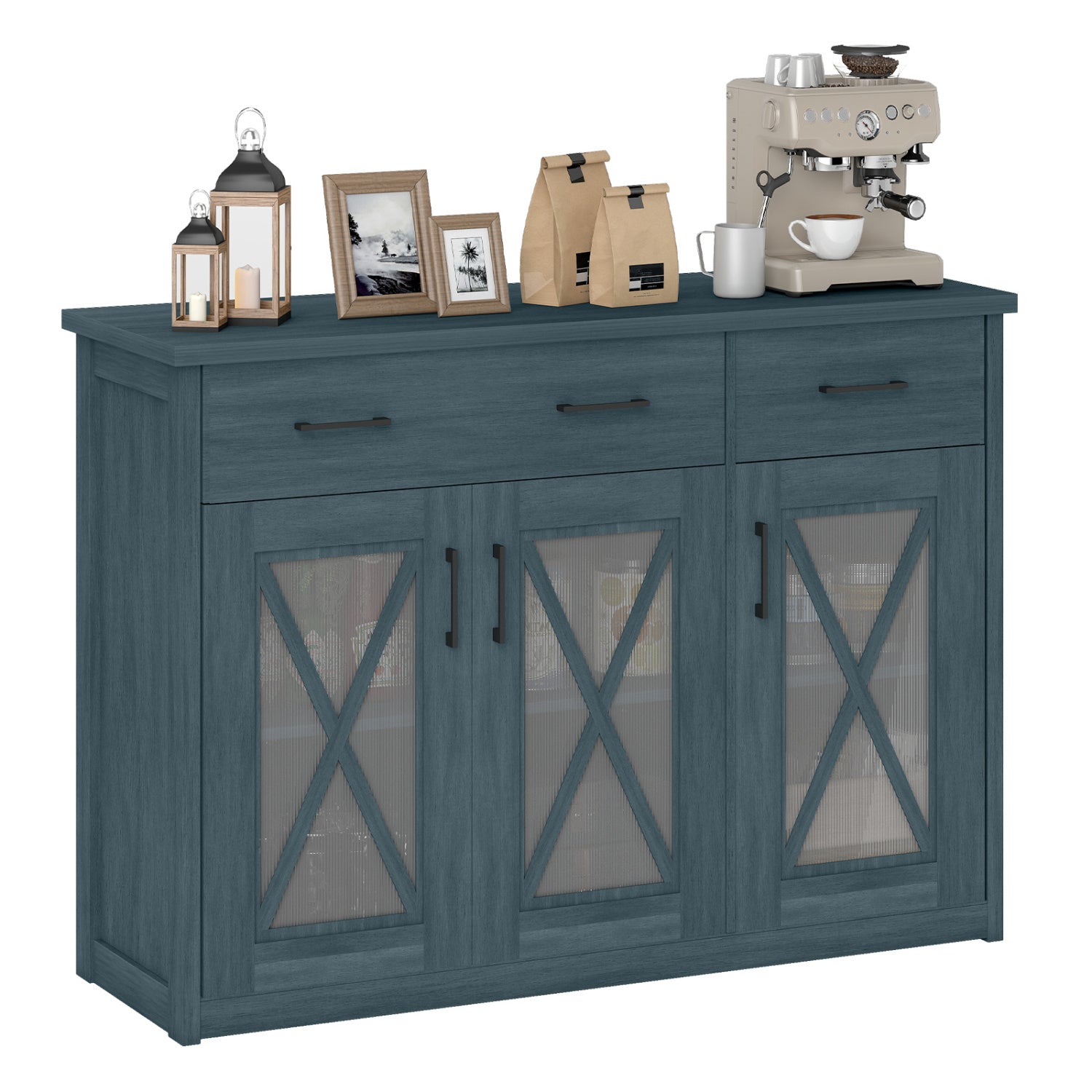 Farmhouse Buffet Sideboard, 3-Door Kitchen Storage Cabinet, 2 Drawers, Turquoise Sideboards Cabinets & Buffets at Gallery Canada