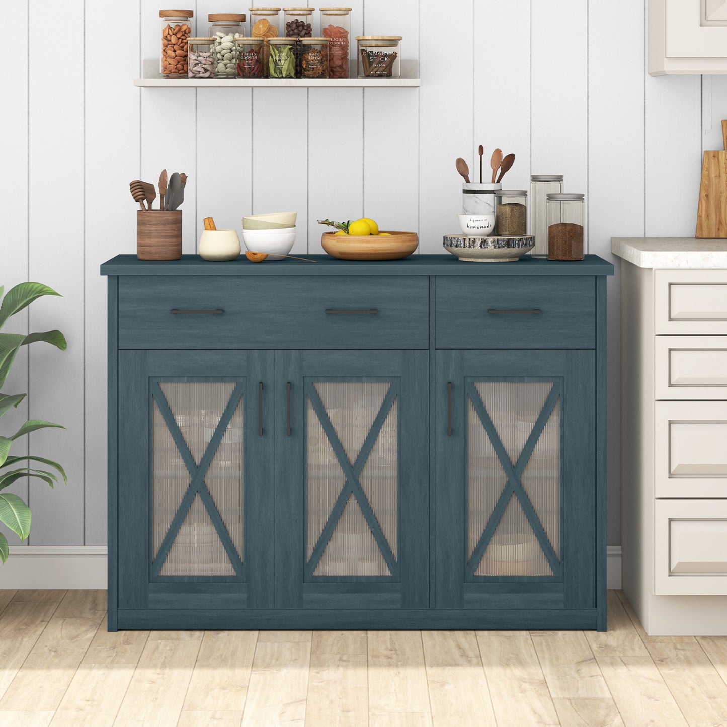 Farmhouse Buffet Sideboard, 3-Door Kitchen Storage Cabinet, 2 Drawers, Turquoise Sideboards Cabinets & Buffets at Gallery Canada