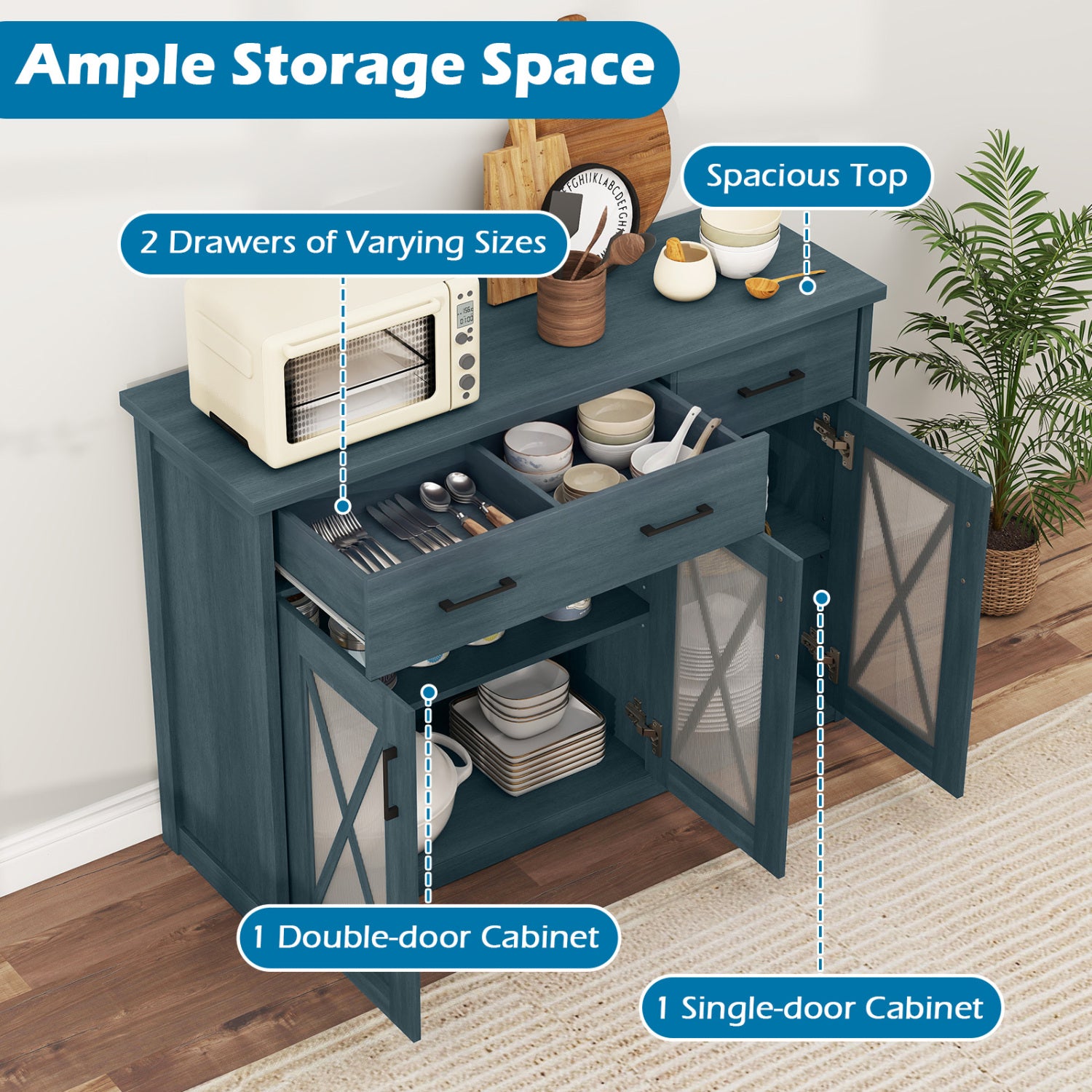 Farmhouse Buffet Sideboard, 3-Door Kitchen Storage Cabinet, 2 Drawers, Turquoise Sideboards Cabinets & Buffets at Gallery Canada